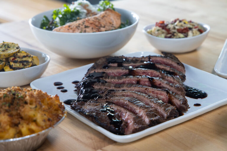 Chef Alyssa's Kitchen Family Table Meals Flank Steak entree with sides.